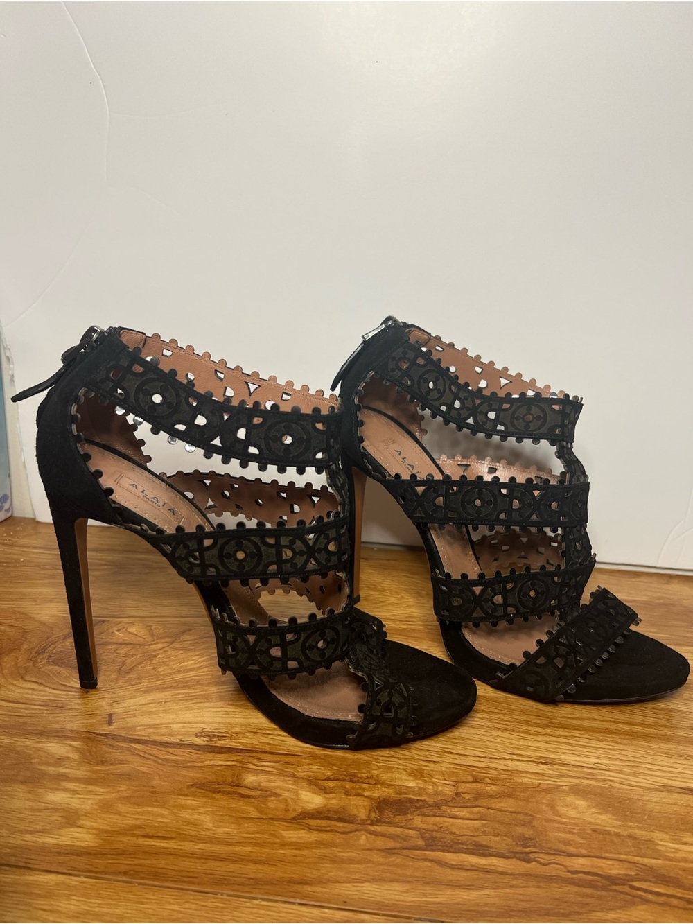 Alaia Black Lace Cutout Strappy High Heel Sandals
